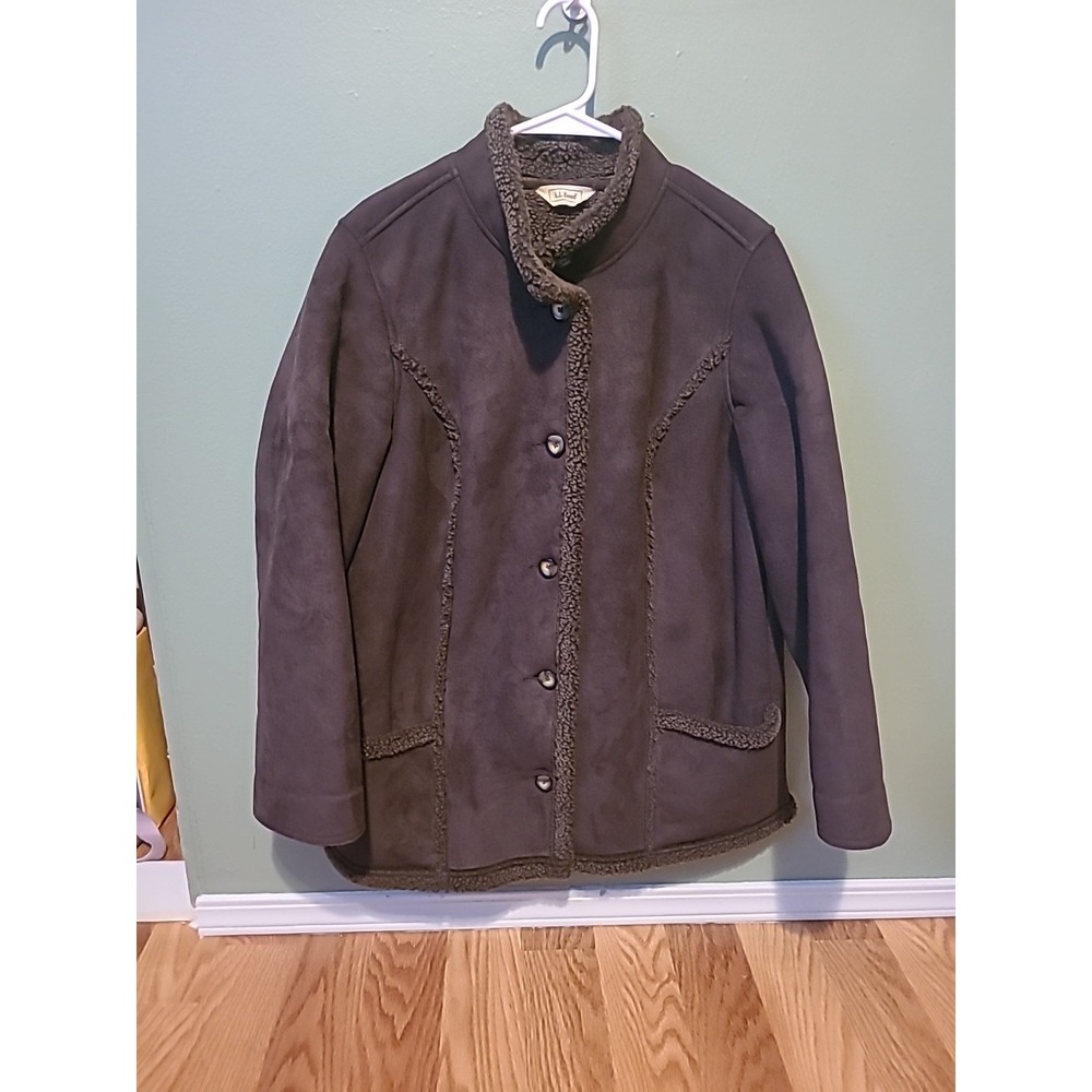 LL Bean Long Brown Coat Faux‎ Suede Sherpa Shearling Lined Polyester WM's 1X